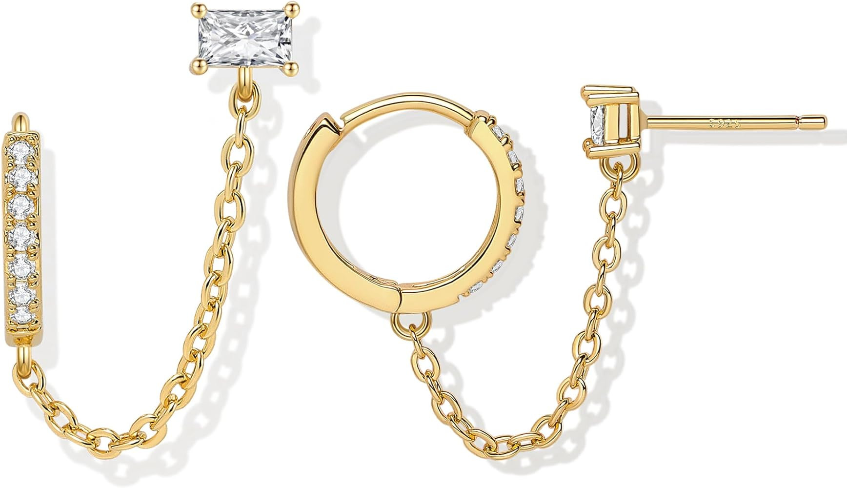 Double Piercing Chain/Stud Earrings for Women 18K Gold Plated S925 Sterling Silver Dangle Chain H... | Amazon (US)