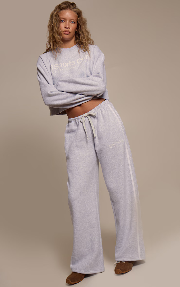 Ash Grey Sports Club Print Wide Leg Joggers | PrettyLittleThing UK
