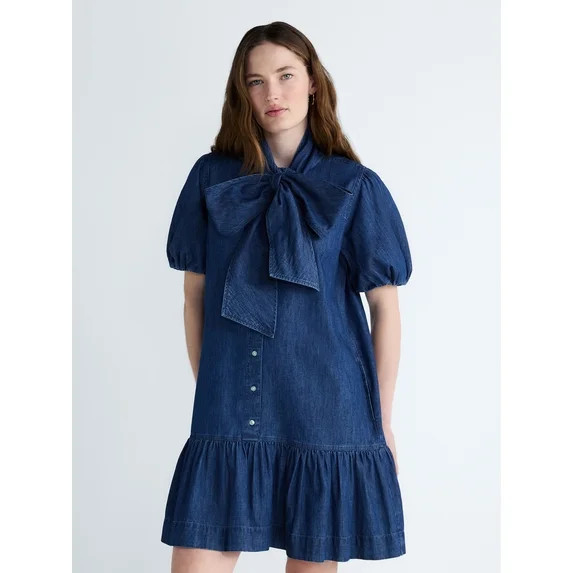 Free Assembly Women's Tie Neck Denim Mini Dress, Sizes XS-XXL | Walmart (US)
