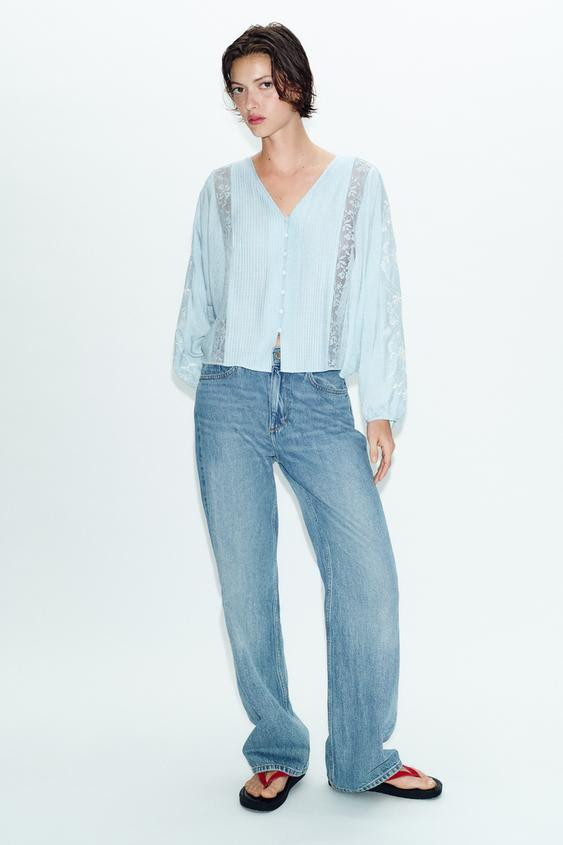 CONTRAST EMBROIDERED BLOUSE | Zara US