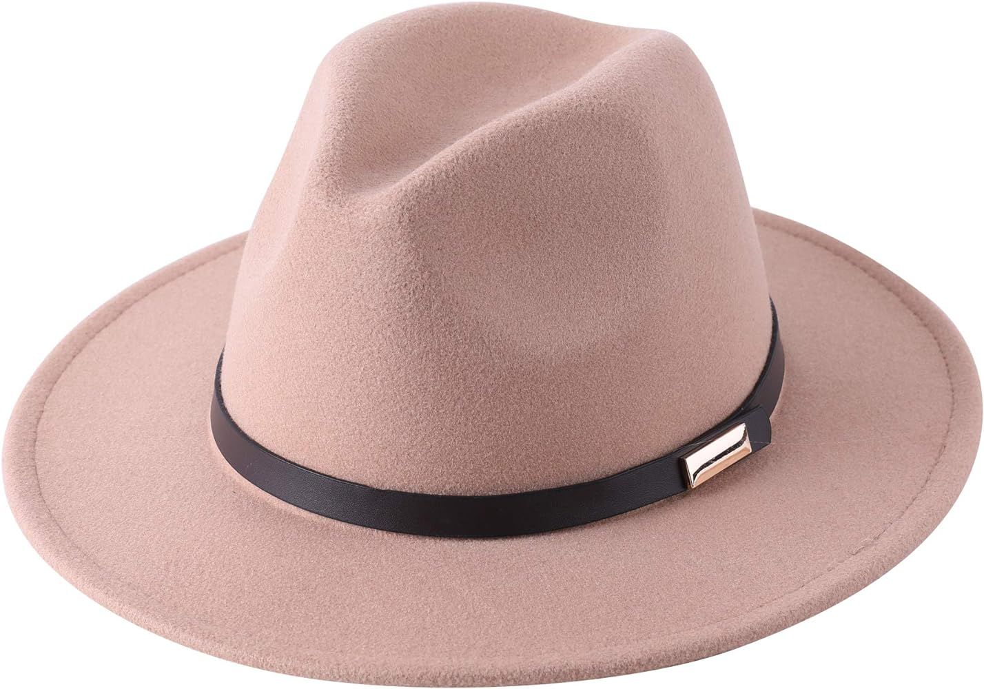 Lanzom Women Lady Retro Wide Brim Floppy Panama Hat Belt Buckle Wool Fedora Hat (01-Camel, One Si... | Amazon (US)