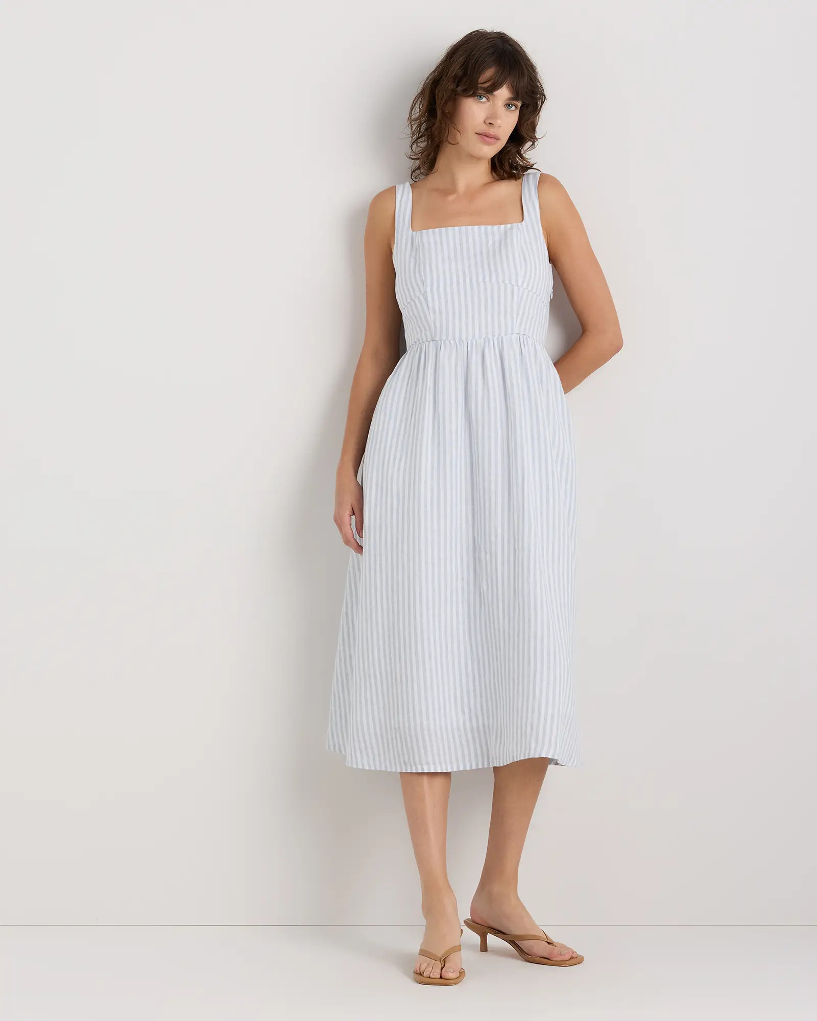 100% European Linen Fit & Flare Midi Dress in Sky Blue Mariner Stripe | Quince