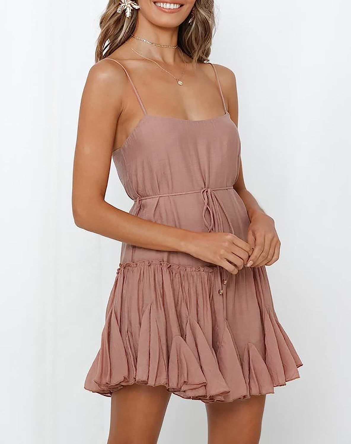 Onedreamer Womens Dress Spaghetti Strap Waist Tie Knot Wrap Front Ruffle Hem Short Skater Dress | Amazon (US)