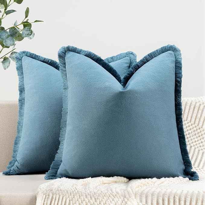 ZWJD Pillow Covers 18x18 Set of 2 Blue Throw Pillow Covers with Fringe Chic Cotton Decorative Pil... | Amazon (US)