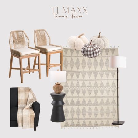 Tj maxx home decor finds, barstools, cross weave counter stools, pumpkin pillows, pumpkin decor, plaid blanket, black side
Table, brown stone lamp, neutral rug, black floor lamp 

#LTKhome #LTKunder50
