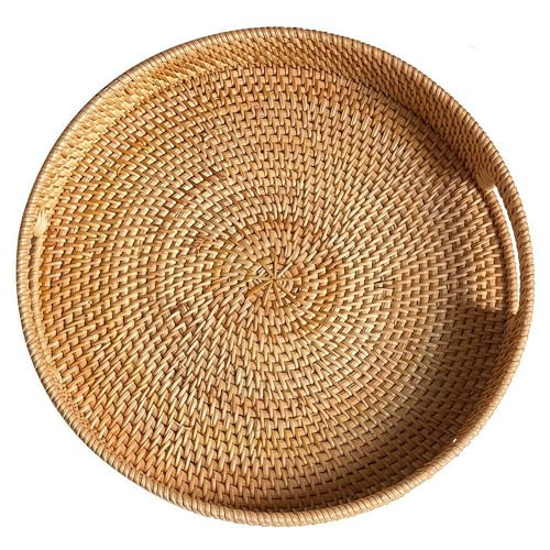 11.8" Round Rattan Tray, Hand Woven Serving Tray with Handles, Wicker Serving Basket, Decorative Tray for Home Decor, Natural | Amazon (US)