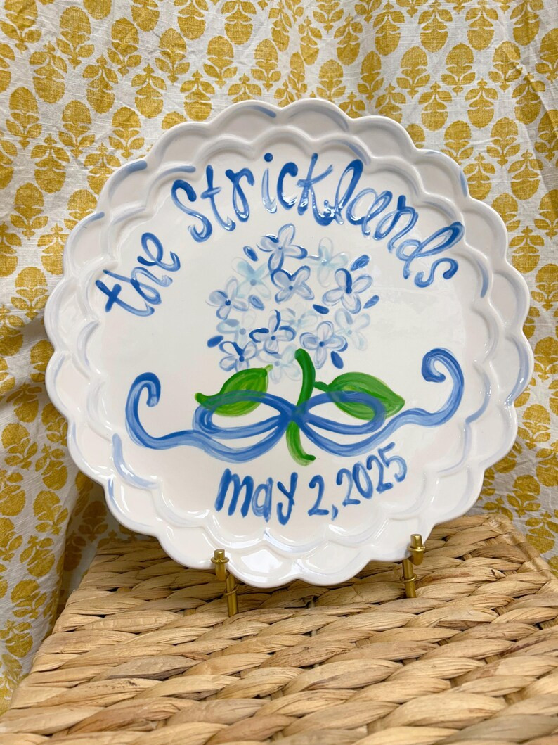 Hydrangeas Wedding Plate // Blue Gingham Bow Personalized // Scalloped Edge // Blue White // Brid... | Etsy (US)