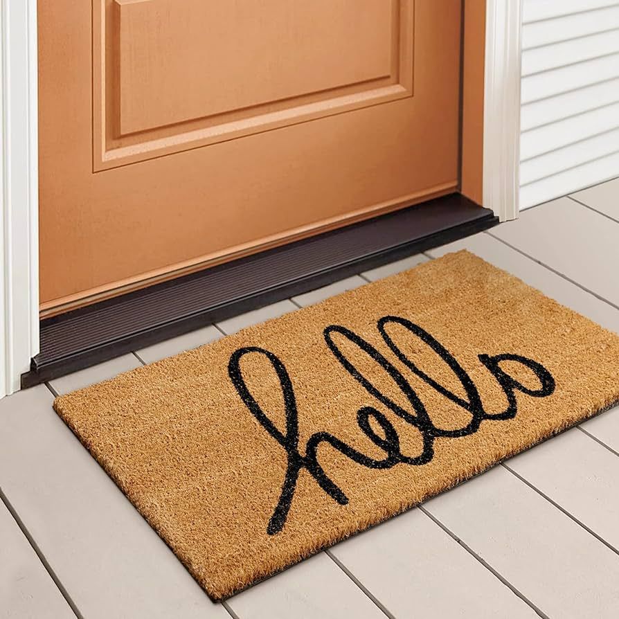 LuxUrux Hello Door Mat Outdoor Coco Coir Doormat, with Heavy-Duty PVC Backing - Natural - Perfect Color/Sizing for Outdoor/Indoor uses. (17 x 30, Script Hello) | Amazon (US)