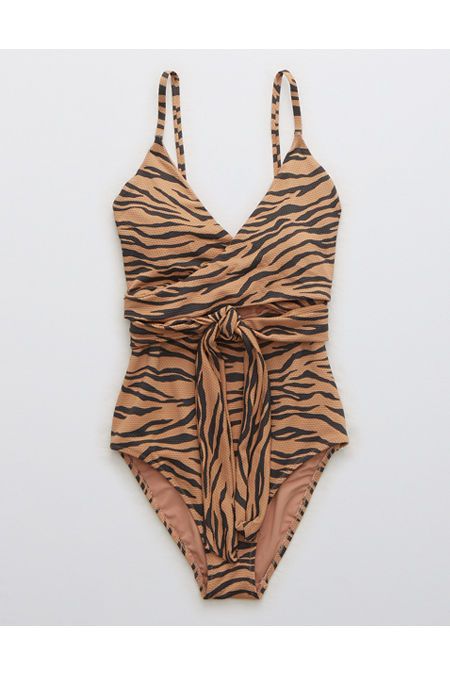 Aerie Pique Animal Print Wrap One Piece Swimsuit | American Eagle Outfitters (US & CA)