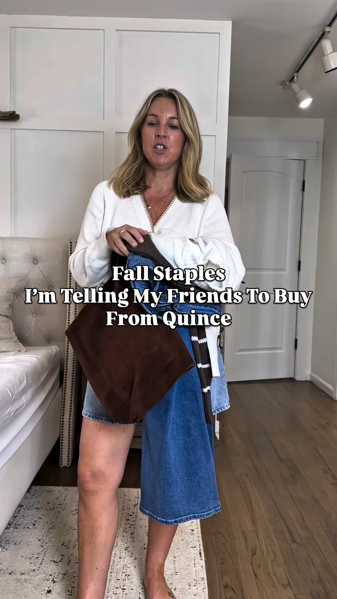 @onequince Fall Luxe For Less 👏 Double tap & comment for links! Details on outfits are below, including sizing. 

✨ Easy ways to shop this post:
🛍️ Follow me on the @SHOP.LTK app – link’s in bio 💬 Comment below for a quick DM 🔗 Or just tap here: https://liketk.it/5lg7t

🔔 Pro tip: Tap the bell on my LTK profile to get notified when I post exclusives, restocks, or SALES you won’t want to miss! ❤️

These timeless pieces from @onequince are closet staples you’ll wear on repeat:
 ✨ Bella Wide Leg Stretch Jeans (I’m 5’3” wearing the 30” inseam)
 ✨ 100% Organic Cotton Sweaters — both the pullover + cardigan are Mediums for that relaxed, luxe look
 ✨ And this suede bag? Elevated. Effortless. A total must-have for Fall.

#quincepartner #FallOutfitInspo #OldMoneyStyle #FallFashion2025 #ClassicStyle #TransitionalStyle #WideLegJeans #SweaterWeather #EffortlessStyle #ClosetStaples #Over40Style #MomStyle