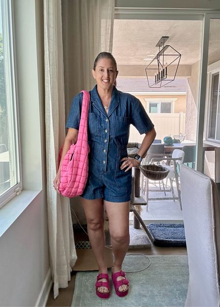 Love these denim overalls, so fun to style! Love bringing that pop of pink whenever I can  

#LTKStyleTip #LTKShoeCrush #LTKOver40