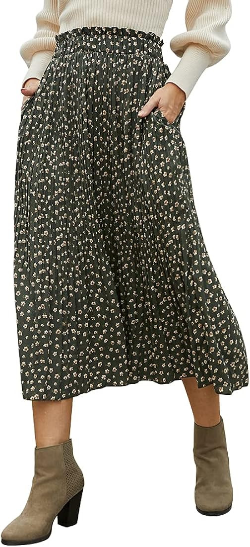EXLURA Womens High Waist Polka Dot Pleated Skirt Midi Swing Skirt with Pockets | Amazon (US)