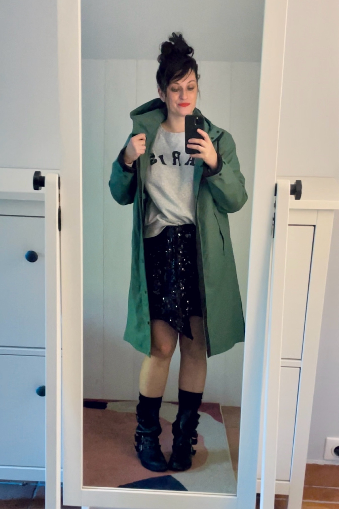 . Black sequin draped skirt #ikks (linked)
. Grey sweatshirt #hm (similar, linked)
. Green raincoat #americatoday (similar, linked)
. Nude fishnet tights #calzedonia 
. Black leather biker boots #zara (similar, linked)
. "Feed the flame" matte lipstick #revlon (linked)
