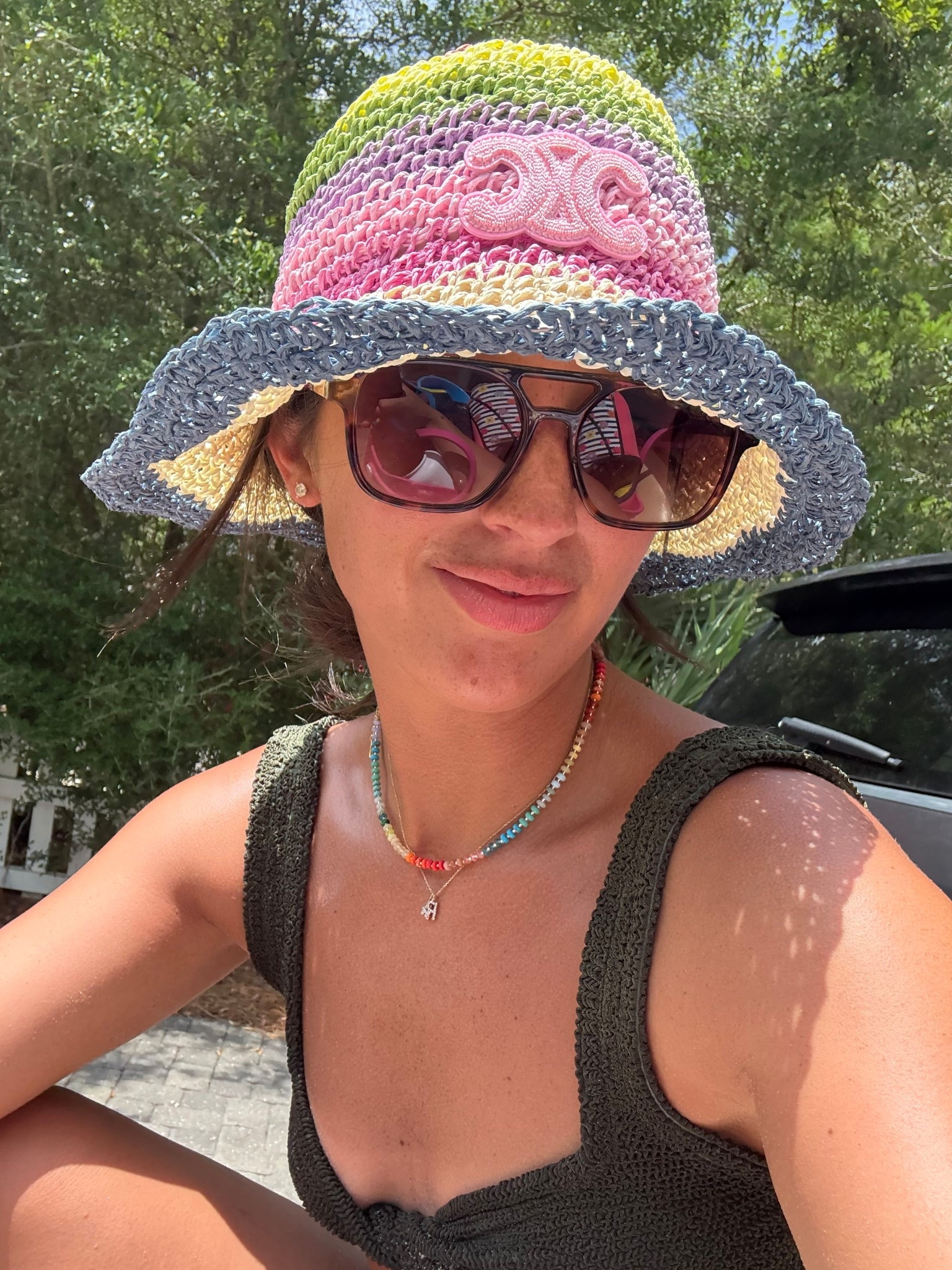 shades and necklaces linked!! hat is a dupe— in my opinion don’t spend $$$ on accessories that will get sandy or water stained!! 