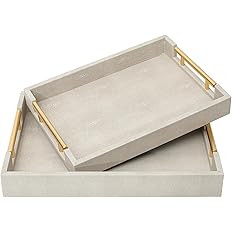 Set of 2 Shagreen Serving Tray with Gold Polished Metal Handles Ivory Wood Decorative Tray PU Lea... | Amazon (US)