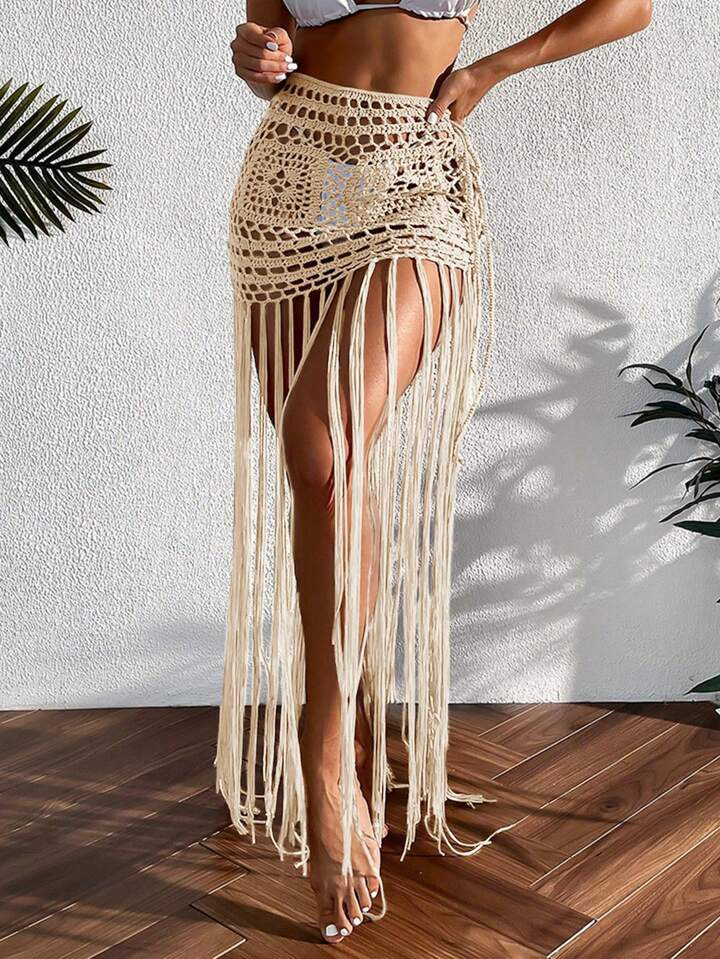 SHEIN Swim Summer Beach 1pc Women's Fringe Crochet Cover Up Skirt Music Festival | SHEIN