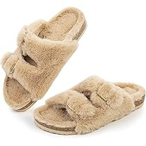 FITORY Womens Open Toe Slipper with Cozy Lining,Faux Rabbit Fur Cork Slide Sandals Size 6-11 | Amazon (US)