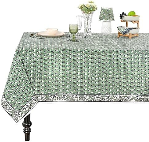 Ridhi Basil Green 60x60 Inches Square 100% Cotton Hand Block Print Tablecloth Washable Halloween ... | Amazon (US)