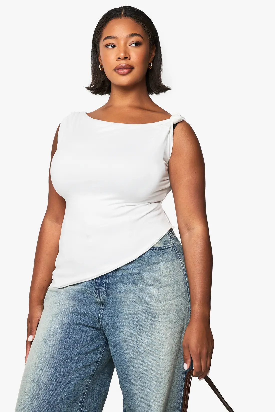 White Plus Knot Shoulder Asymmetric Top | Boohoo USA | boohoo (US & Canada)