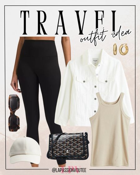 Combine comfort and style with this travel outfit: a white denim jacket over a tank top and leggings, accessorized with hoop earrings and rectangular sunglasses. Add a clutch crossbody bag and a baseball cap for a practical yet chic look, perfect for your next adventure.

#LTKStyleTip #LTKTravel #LTKSeasonal