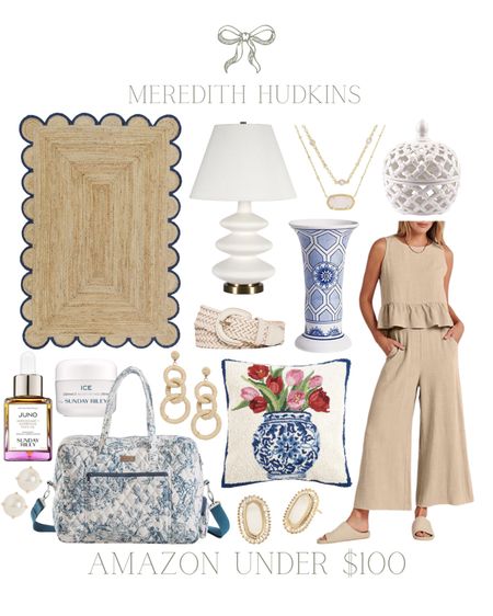 Spring fashion, summer fashion, two-piece outfit, scalloped rug, accent pillow, blue and white home decor, living room, bedroom, duffel bag, beauty, Sunday Riley, pearl earrings, Kendra Scott, rattan earrings, Madewell, neutral outfit, home decor, spring home Decor, table lamp, lighting, vase, vacation outfit, necklace, earrings

#LTKunder100 #LTKhome #LTKsalealert