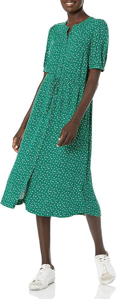 Amazon.com: Amazon Essentials Women's Half-Sleeve Waisted Midi A-Line Dress, Green, Vine/Leaf Pri... | Amazon (US)