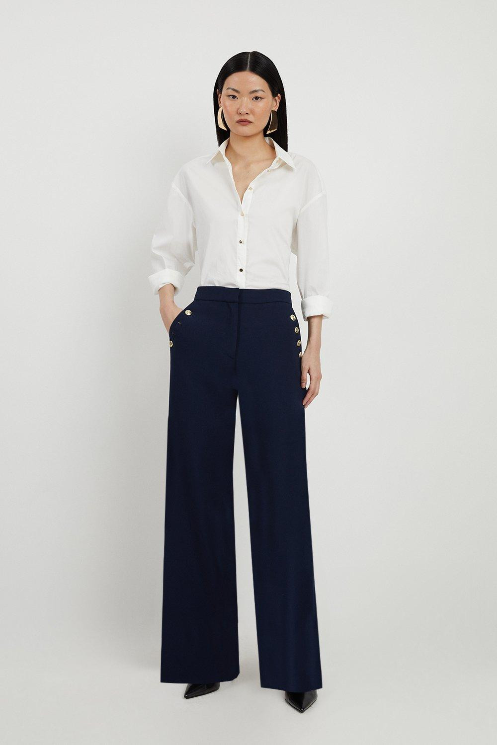 Compact Stretch Tailored Button Detail Wide Leg Trousers | Karen Millen UK + IE + DE + NL