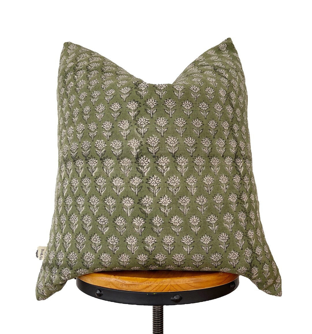 Hand block print on linen pillow cover, olive green and natural floral pillow cover , floral pill... | Etsy (US)