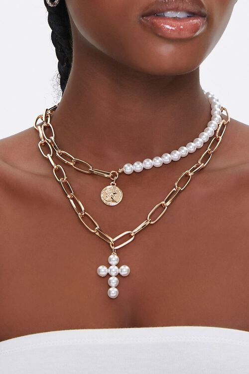 Faux Pearl Cross Pendant Layered Necklace | Forever 21 (US)