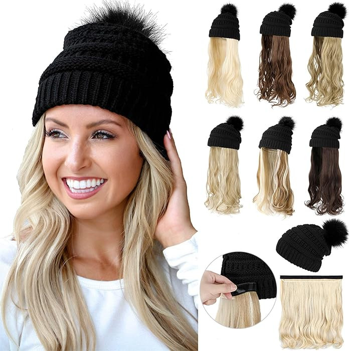 Qlenkay Beanie Hat with Long Wavy Curly Hair Extensions Black Knit Cap Attached 20inch Synthetic ... | Amazon (US)