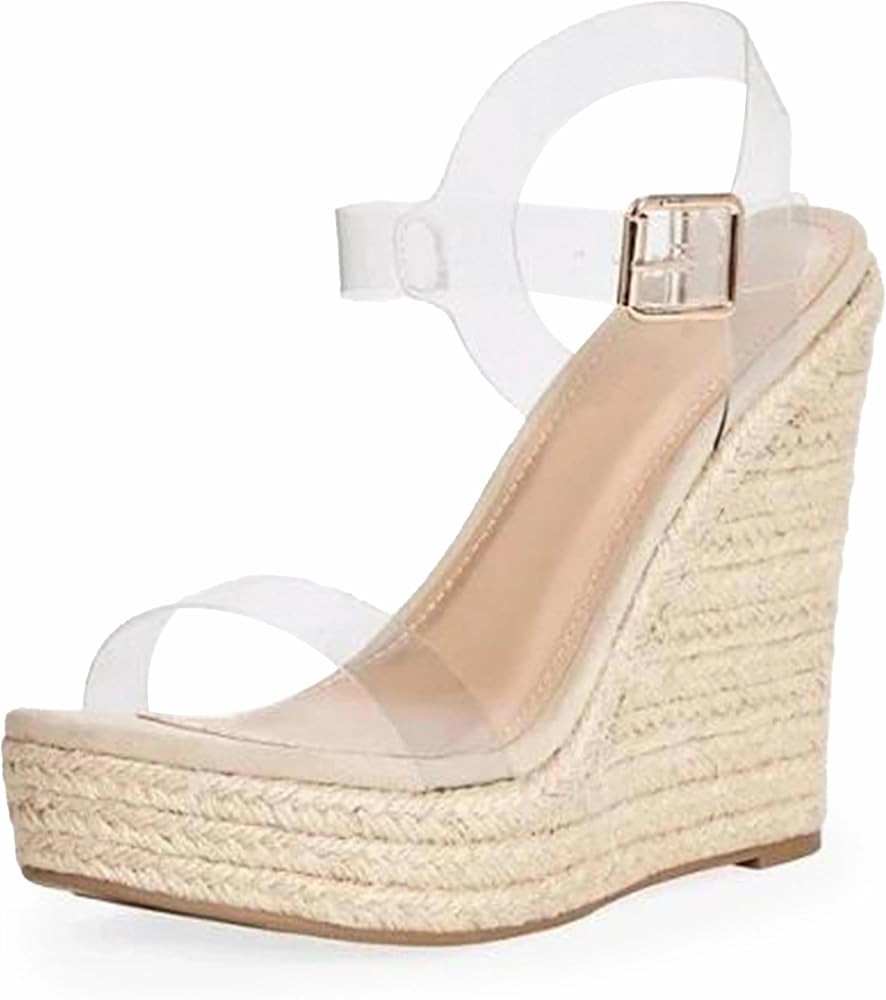 VARECOLA Clear Wedge Sandals for Women Espadrille Strappy Open Round Toe Super High Heel Solid St... | Amazon (US)