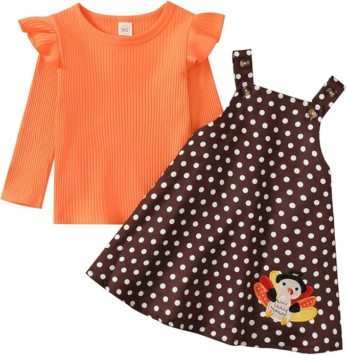 Noubeau Toddler Baby Girl Thanksgiving Outfits Ruffle Sleeve Ribbed Top+Turkey Dot Overalls Suspe... | Amazon (US)