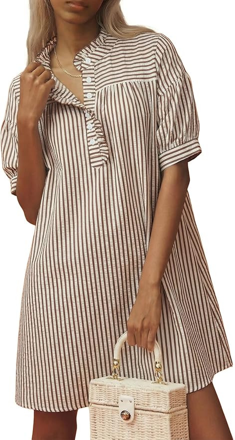 BLENCOT Womens Button Down Shirt Dresses Casual Striped Cotton Stand Collar Ruffle Puff Sleeve Su... | Amazon (US)