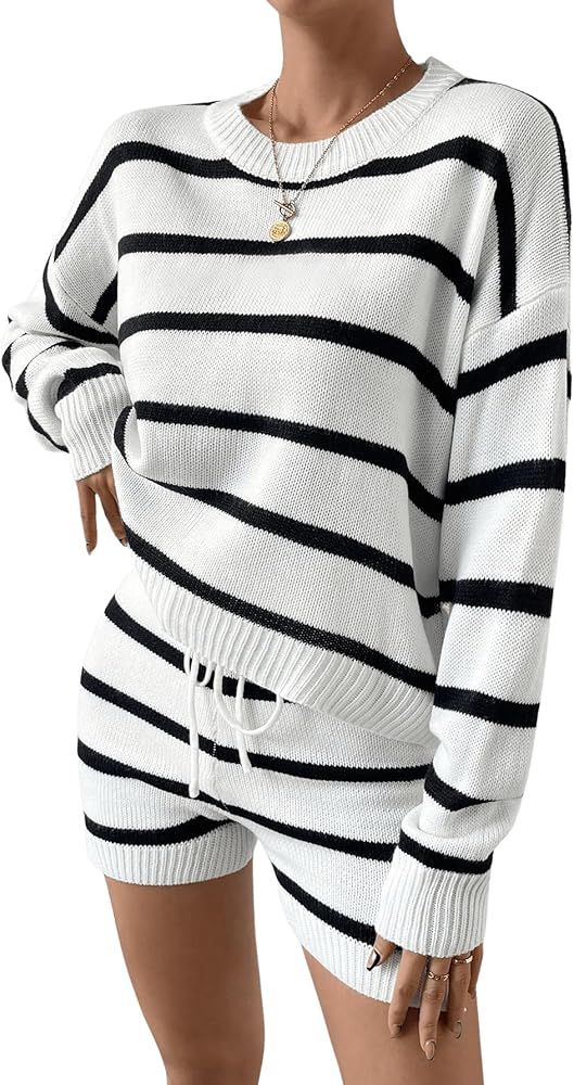 Verdusa Women's 2 Piece Lounge Set Striped Round Neck Long Sleeve Knit Top and Drawstring Waist S... | Amazon (CA)