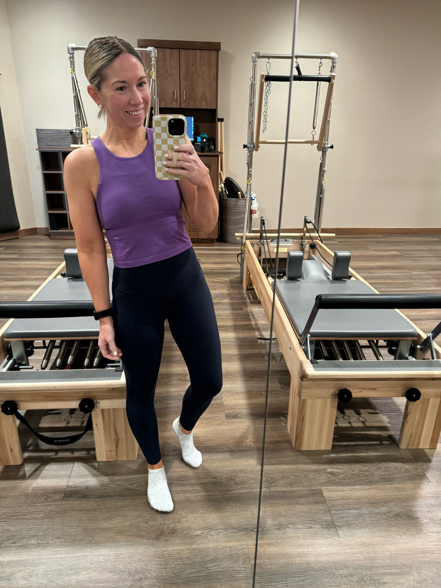 Workout style / workout outfit 

Tank size small 
Leggings size XS
Sticky socks 
Yoga leggings 
Sneakers true to size 

#LTKOver40 #LTKFitness #LTKActive