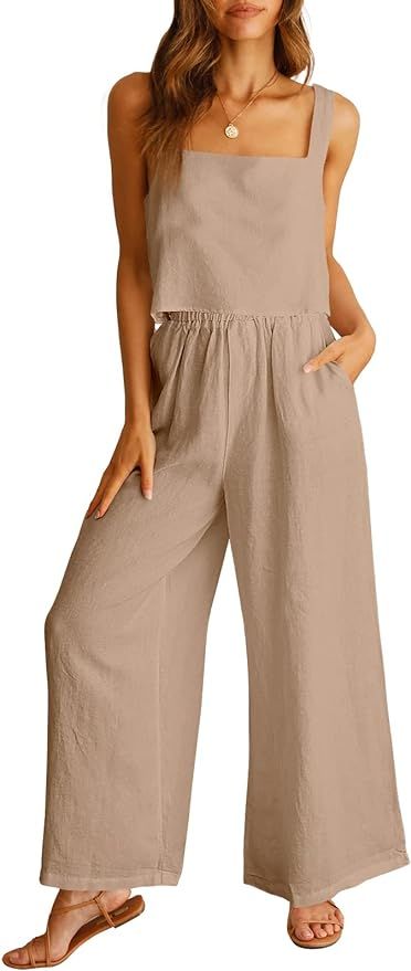 Prinbara Women's 2 Piece Outfits Lounge Sets Sleeveless Square Neck Linen Tank Crop Top Wide Leg ... | Amazon (US)