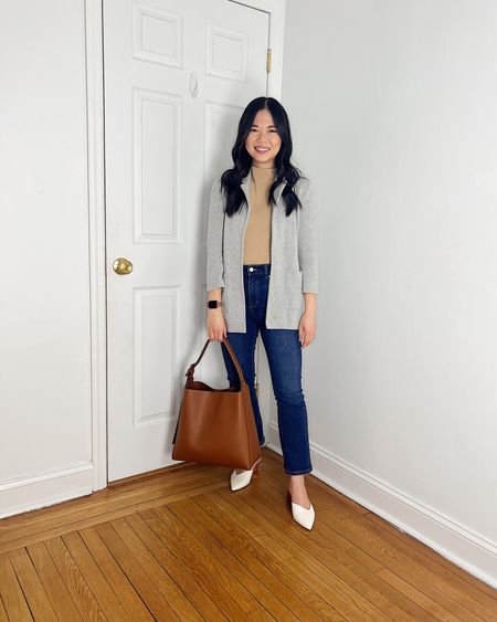 Gray sweater blazer 
Camel sweater (XS)
High waisted boot cut jeans (4P)
Brown bag
White pumps (1/2 size up)
Smart casual outfit
Neutral outfit
Work outfit
Teacher outfit

#LTKSeasonal #LTKworkwear #LTKstyletip