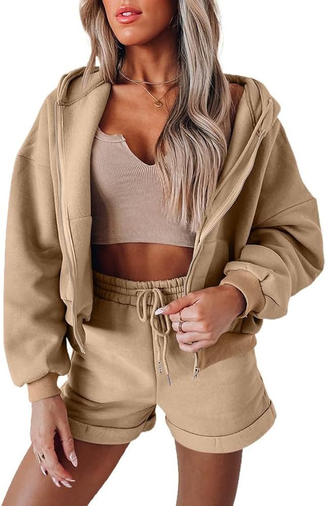 Herseas Women's 2 Piece Outfits Long Sleeve Zipper Drawstring Hoodie & Shorts Sweatsuit Fleece Lo... | Amazon (US)
