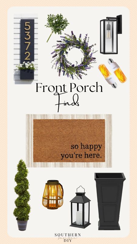Front Porch Finds: front door wreath, artificial trees, artificial plants, address sign, planter box, doormat, outdoor rug, lanterns 

#LTKSeasonal #LTKHome #LTKxWalmart