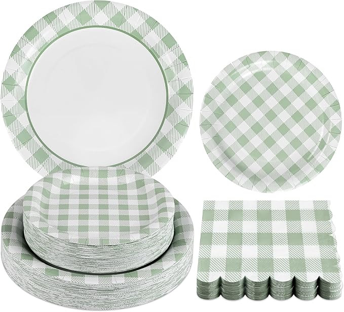 150Pcs Sage Green Gingham Party Supplies Green Gingham Paper Plates and Napkins Green Plaid Plate... | Amazon (US)