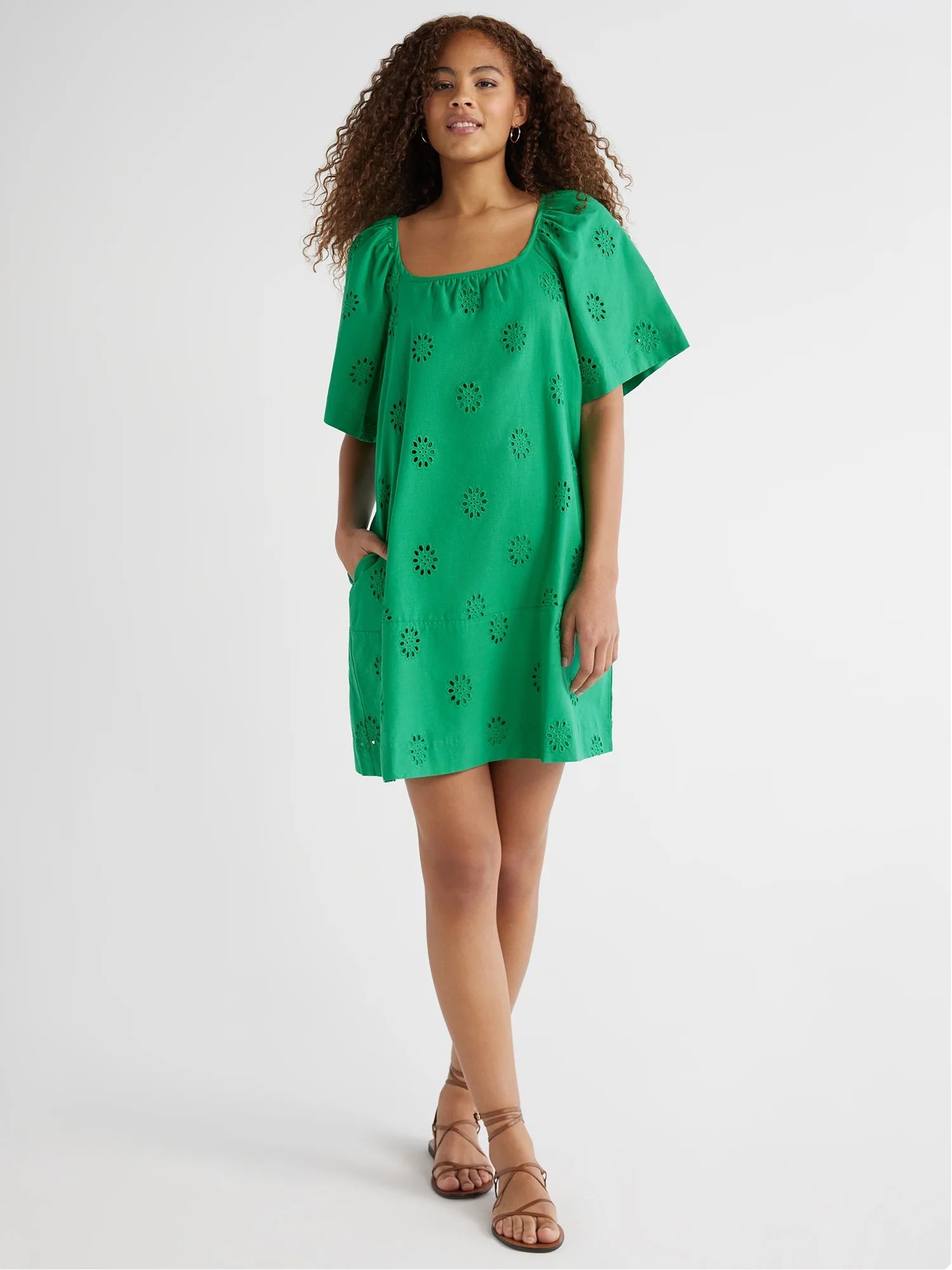 Free Assembly Women's Square Neck Eyelet Mini Dress with Short Sleeves, Sizes XS-XXL - Walmart.co... | Walmart (US)