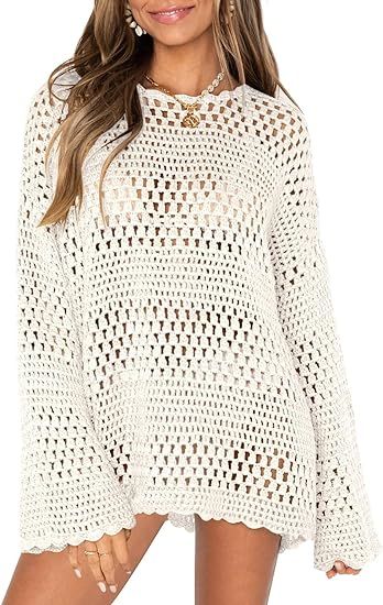 Beach Crochet Cover Ups for Women Hollow Out Swimsuits Cover Up Long Sleeve Mesh Knit Bathing Sui... | Amazon (US)
