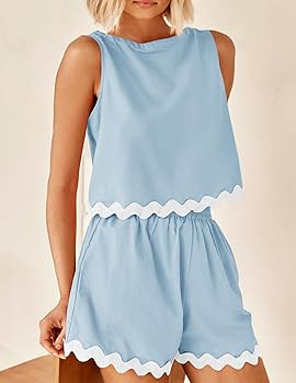 ZESICA Women's 2024 Summer 2 Piece Outfits Set Linen Lace Trim Crewneck Tank Crop Top and Shorts ... | Amazon (US)