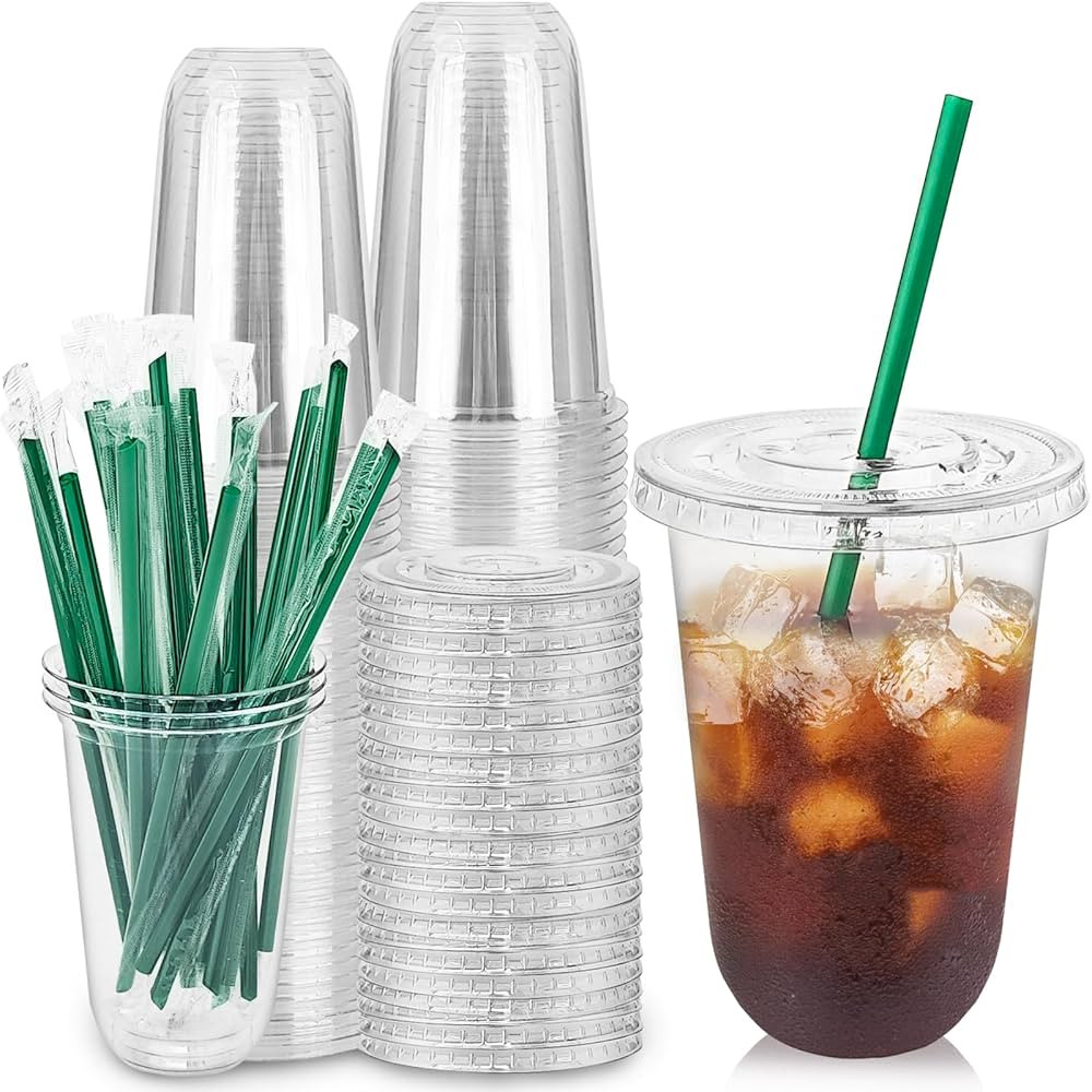25 Set 16oz Plastic Cups with Flat Lids and Straws,Disposable Plastic Iced Coffee Cup,Disposable ... | Amazon (US)