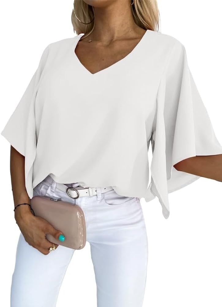 SHEWIN Women's Blouses Casual V Neck Ruffle Short Sleeve Summer Tops Shirts | Amazon (US)