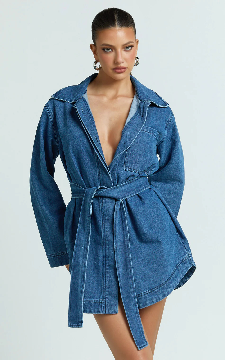 Esme Mini Dress - Denim Shirt Dress with Detachable Belt in Dark Mid Blue | Showpo (US, UK & Europe)
