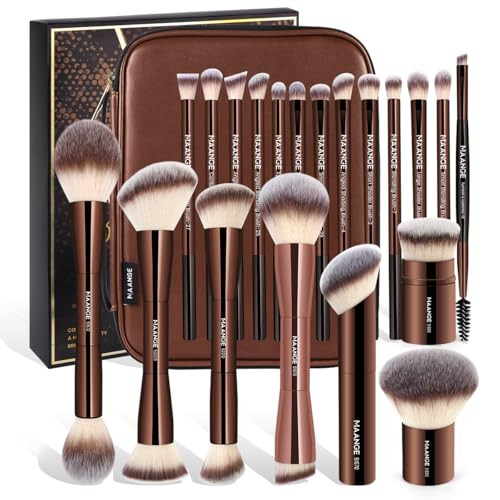 MAANGE 20 PCS Makeup Brush Set with Bag, Double-ended Kabuki Brush Foundation Contour Brush for Liquid Powder Concealer Eye Shadows Cream Cosmetics Blending Blush Face Makeup Tools with Case (Coffee) | Amazon (US)