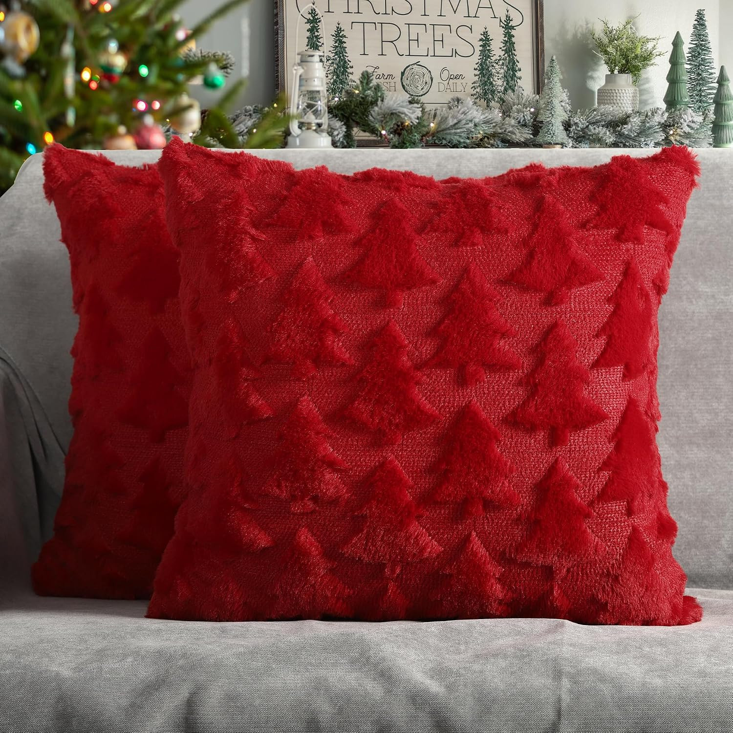 Christmas Tree Decorative Pillow Covers 18x18 Set of 2, Red Soft Plush Faux Fur Farmhouse Throw Cushion Cases for Xmas Winter Holiday Home Decor | Amazon (US)