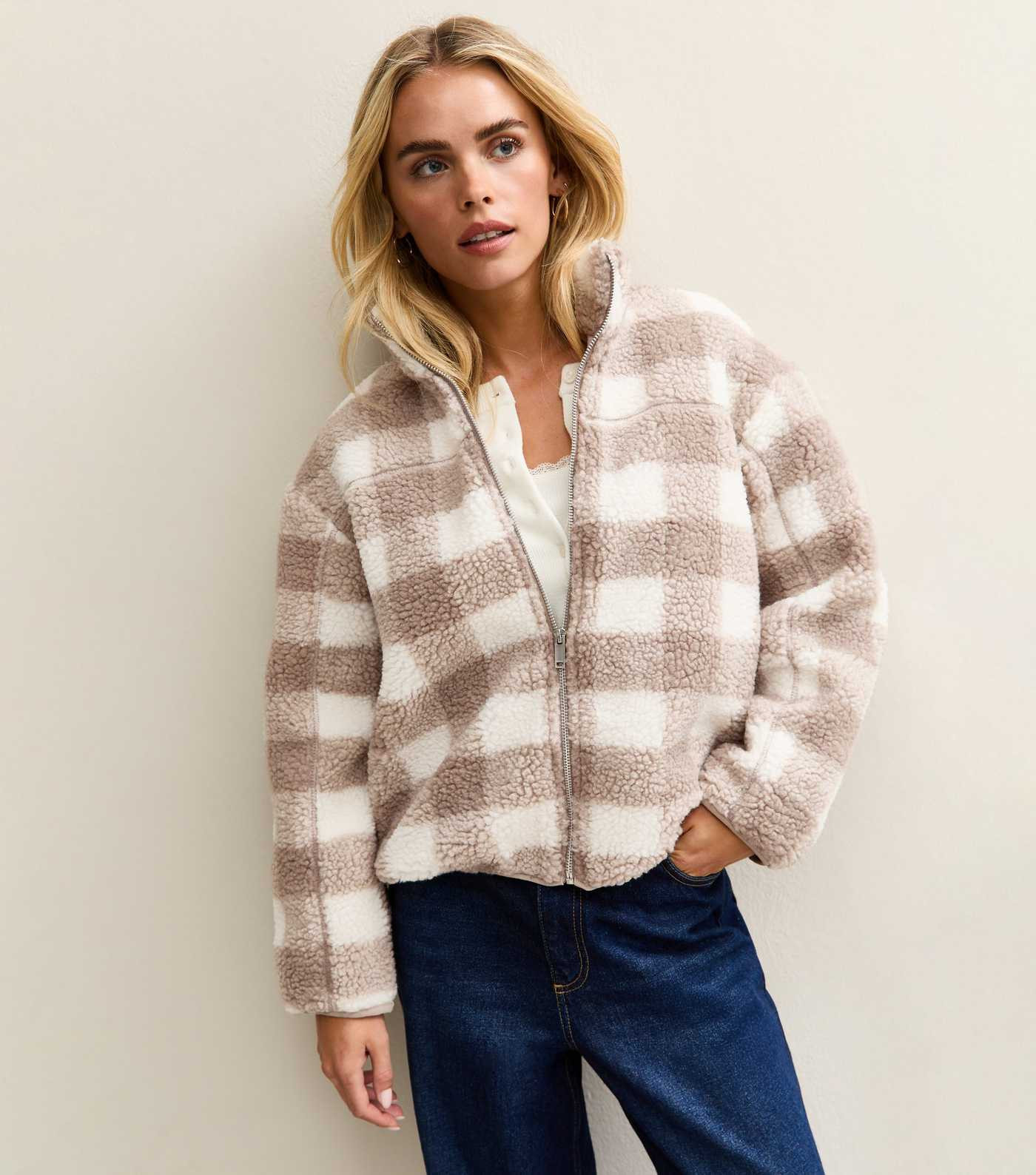 Petite Cream Check Teddy Jacket | New Look | New Look (UK)