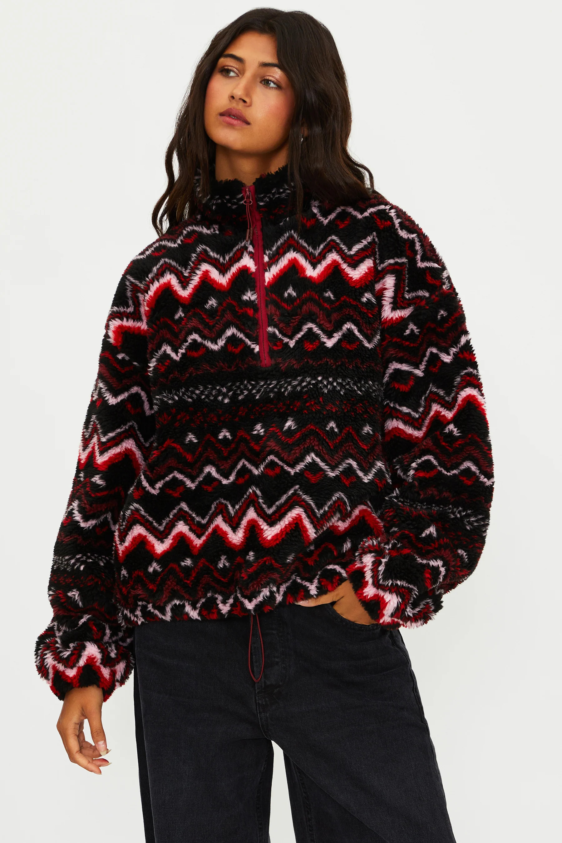 Leona Sherpa Black Cheers Fairisle | Holiday Sherpa Jacket | Beach Riot | Beach Riot